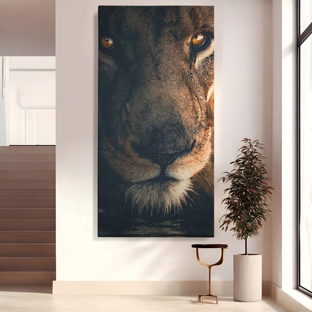 Tablou canvas cu tablou canvas cu prim-plan portret de leu, fara rama, pe sasiu de lemn